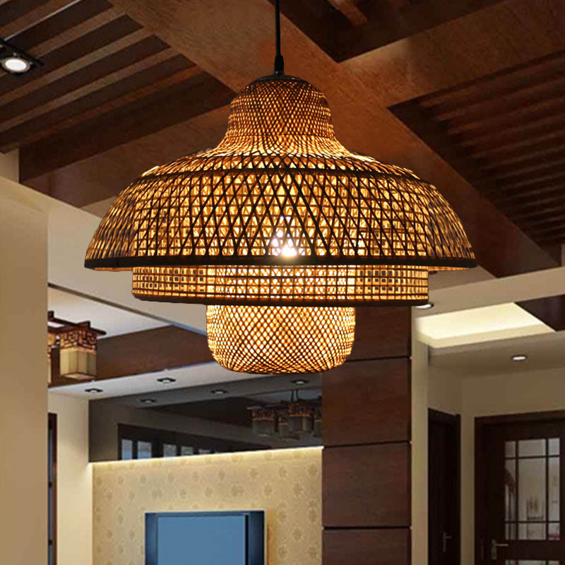 Rustic Tiered Hanging Light Bamboo 1 Bulb Ceiling Pendant Lamp in Wood for Living Room