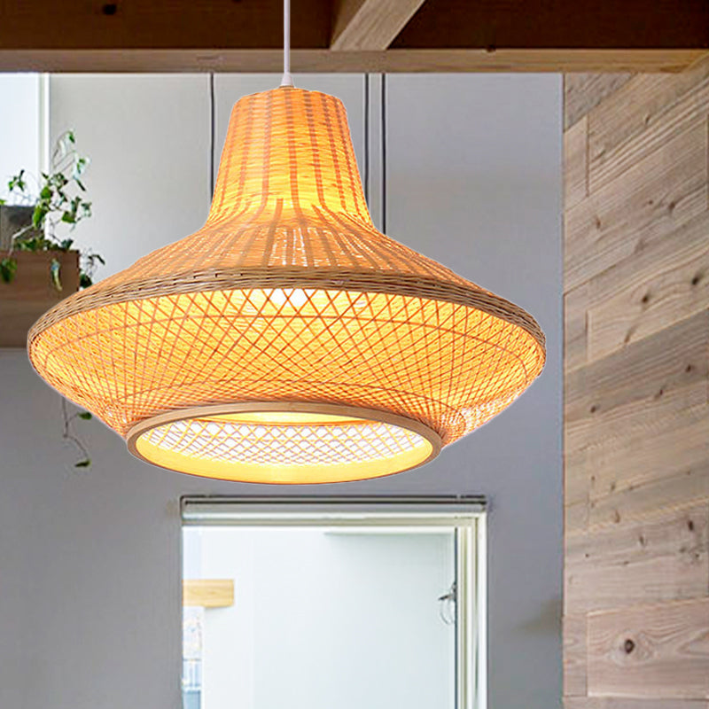 1 Head Teahouse Suspension Pendant Contemporary Wood Hanging Ceiling Light with Jar Bamboo Shade