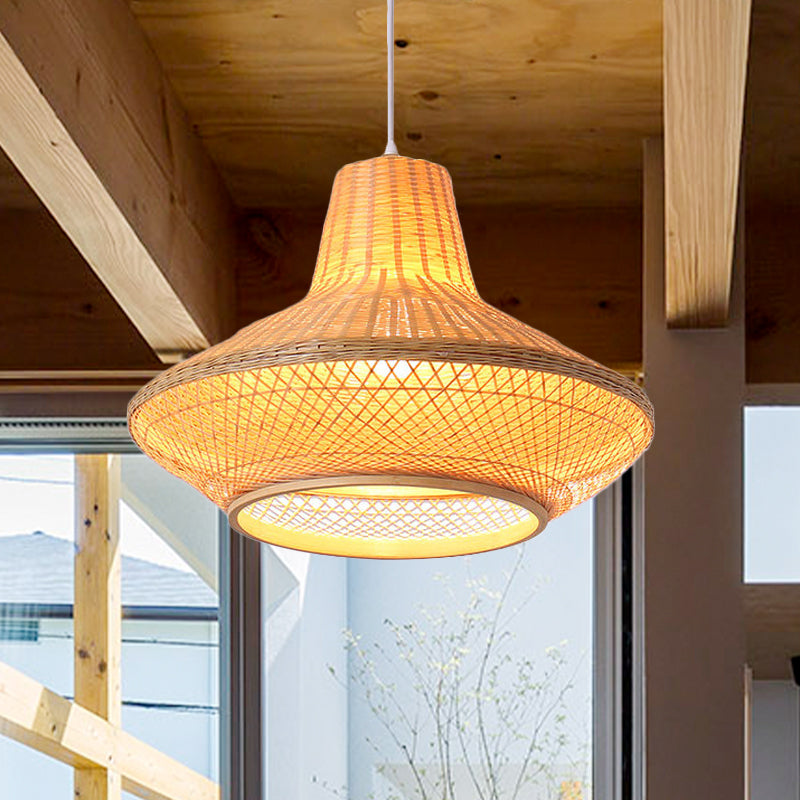 1 Head Teahouse Suspension Pendant Contemporary Wood Hanging Ceiling Light with Jar Bamboo Shade