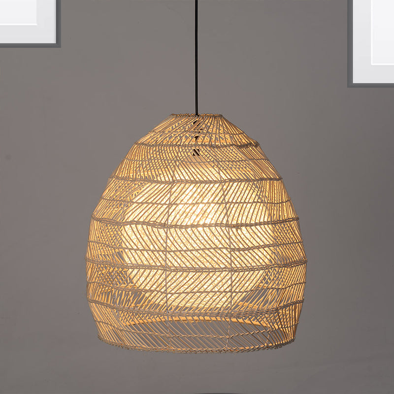 Bell Suspension Lighting Traditional Rattan 1 Bulb Wood Hanging Ceiling Light for Guesthouse