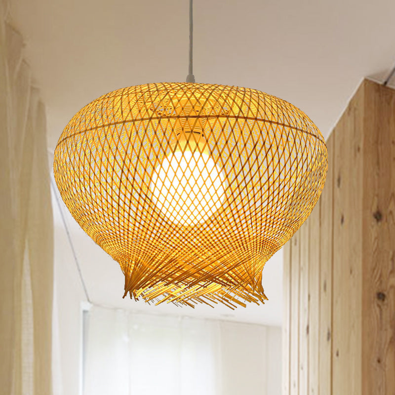 Bamboo Woven Ceiling Lamp Modern 1 Bulb Hanging Pendant Light in Wood for Living Room