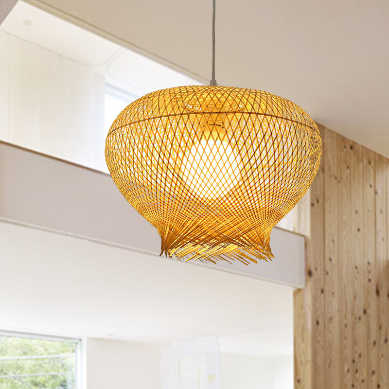 Bamboo Woven Ceiling Lamp Modern 1 Bulb Hanging Pendant Light in Wood for Living Room