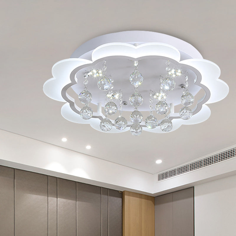 White Flower Flush Mount Light Modern Crystal Ball 22"/25.5"/31.5" Wide LED Ceiling Light in Warm/White/Remote Control Stepless Dimming Light