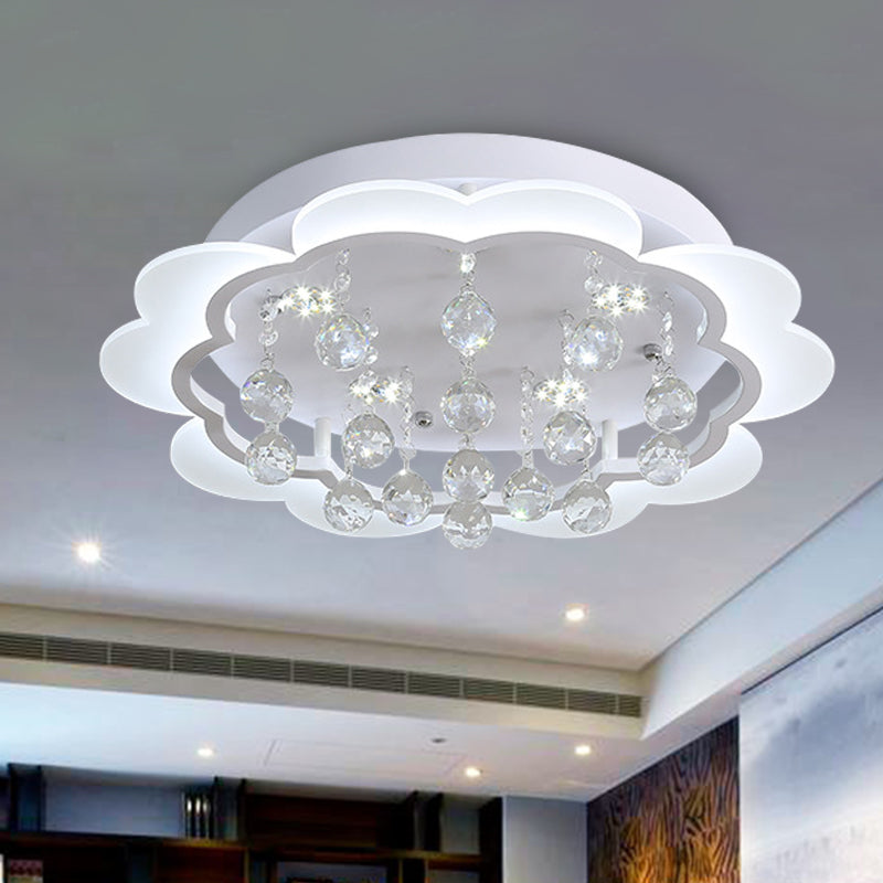 White Flower Flush Mount Light Modern Crystal Ball 22"/25.5"/31.5" Wide LED Ceiling Light in Warm/White/Remote Control Stepless Dimming Light