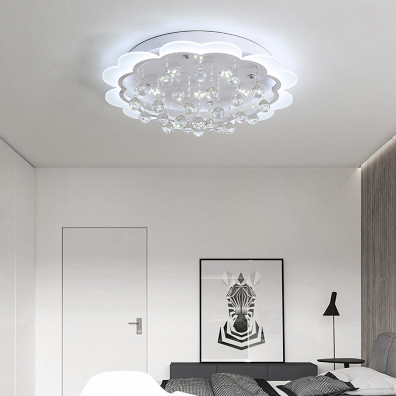 White Flower Flush Mount Light Modern Crystal Ball 22"/25.5"/31.5" Wide LED Ceiling Light in Warm/White/Remote Control Stepless Dimming Light