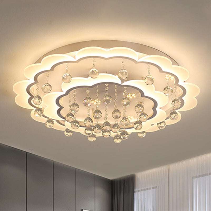 White Flower Flush Mount Light Modern Crystal Ball 22"/25.5"/31.5" Wide LED Ceiling Light in Warm/White/Remote Control Stepless Dimming Light