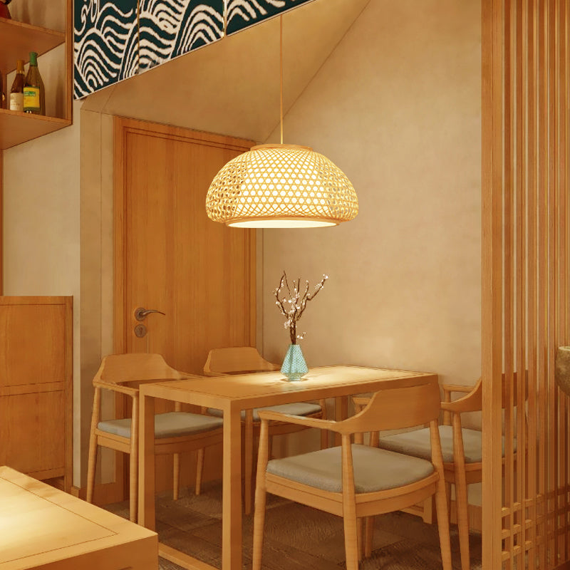 16"/19"/23.5" Wide Bowl Suspension Pendant Contemporary Bamboo 1 Bulb Wood Hanging Light Kit