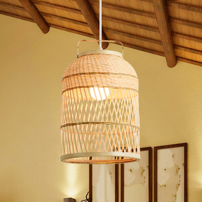 Rustic Bird Cage Hanging Light Bamboo 1 Bulb Ceiling Pendant Lamp in Wood with Handle