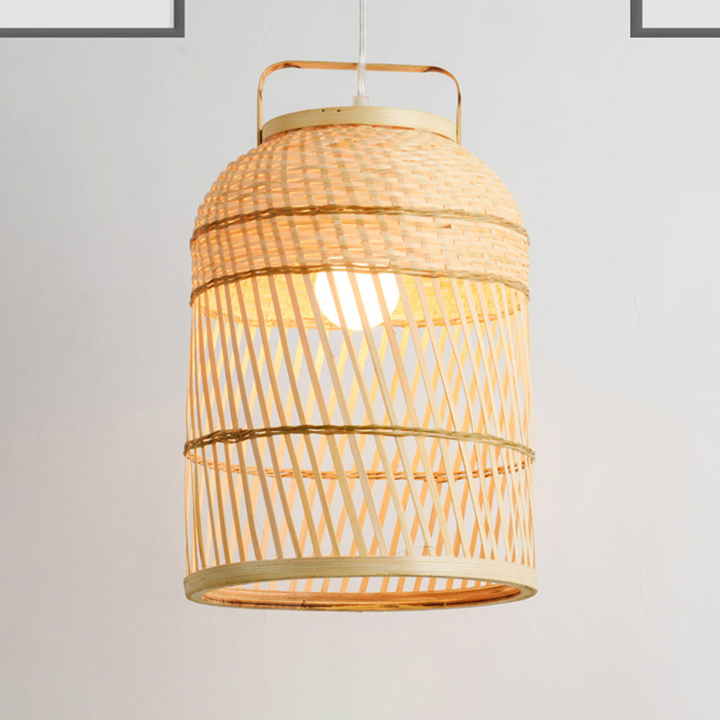 Rustic Bird Cage Hanging Light Bamboo 1 Bulb Ceiling Pendant Lamp in Wood with Handle