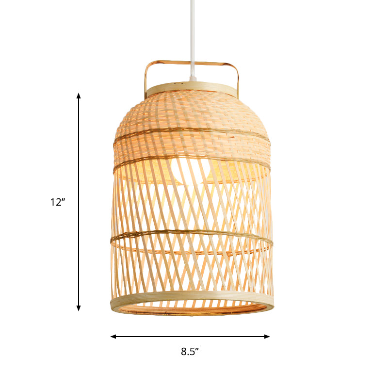 Rustic Bird Cage Hanging Light Bamboo 1 Bulb Ceiling Pendant Lamp in Wood with Handle