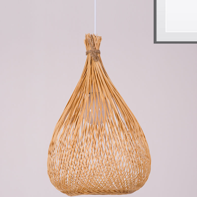 Asian 1 Bulb Ceiling Light Wood Teardrop Pendant Light Fixture with Bamboo Shade