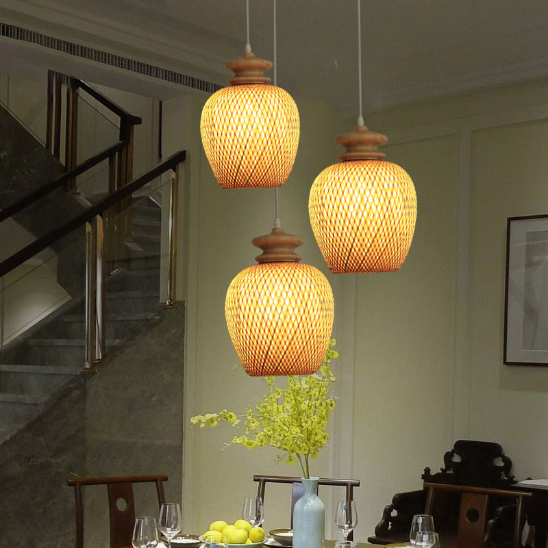 Urn Bamboo Suspension Lighting Traditionary 1 Bulb Wood Hanging Ceiling Light