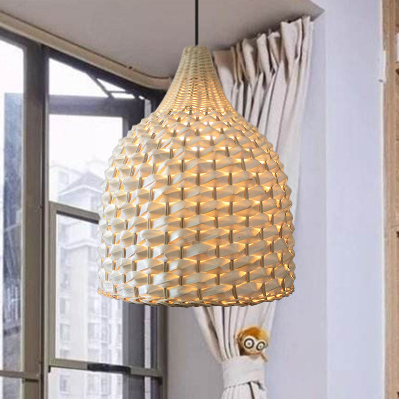 1 Bulb Dining Room Ceiling Lamp Modern Beige Hanging Pendant Light with Bell Bamboo Shade