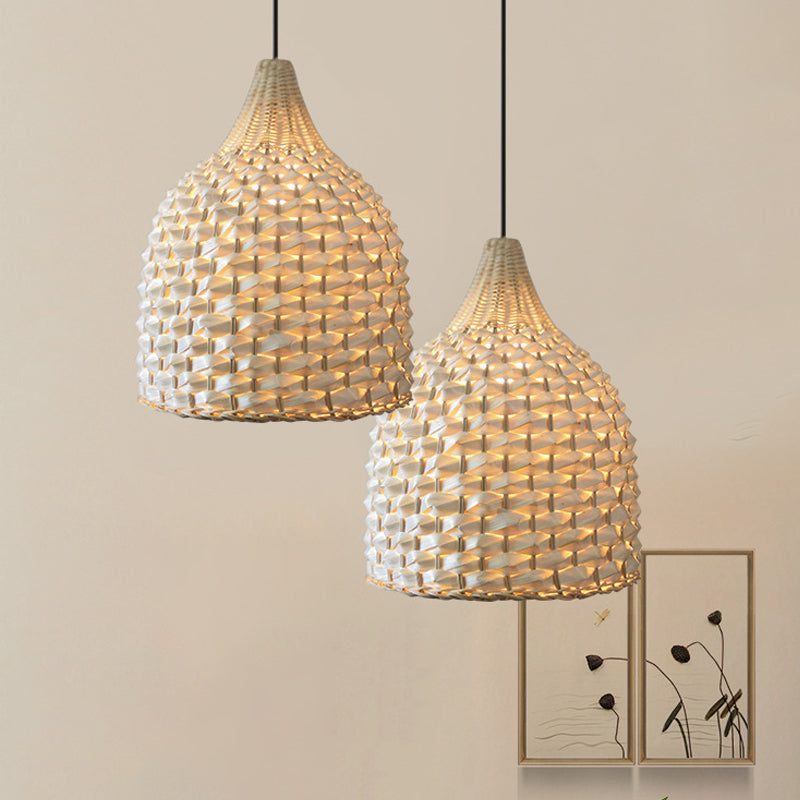 1 Bulb Dining Room Ceiling Lamp Modern Beige Hanging Pendant Light with Bell Bamboo Shade