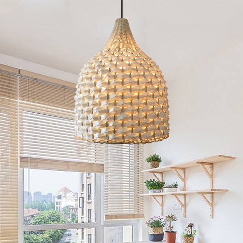 1 Bulb Dining Room Ceiling Lamp Modern Beige Hanging Pendant Light with Bell Bamboo Shade