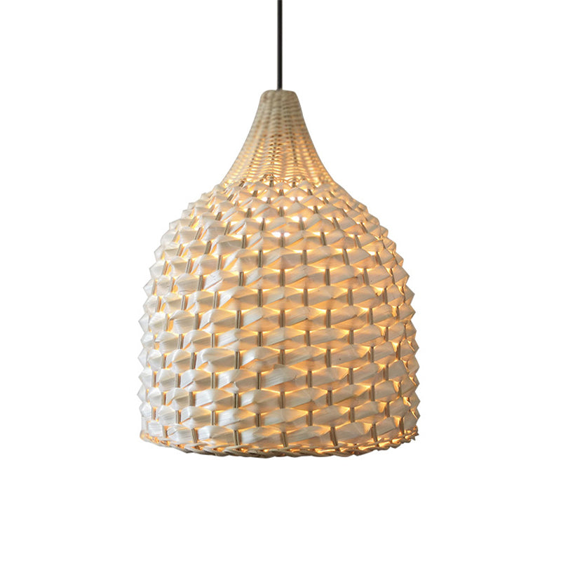 1 Bulb Dining Room Ceiling Lamp Modern Beige Hanging Pendant Light with Bell Bamboo Shade