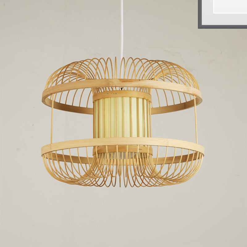 Modern Round Pendant Lighting Bamboo 1 Bulb Hanging Light Fixture in Wood with Cylinder Parchment Shade