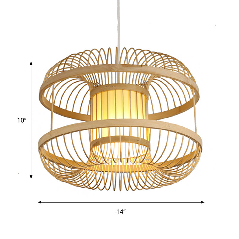 Modern Round Pendant Lighting Bamboo 1 Bulb Hanging Light Fixture in Wood with Cylinder Parchment Shade