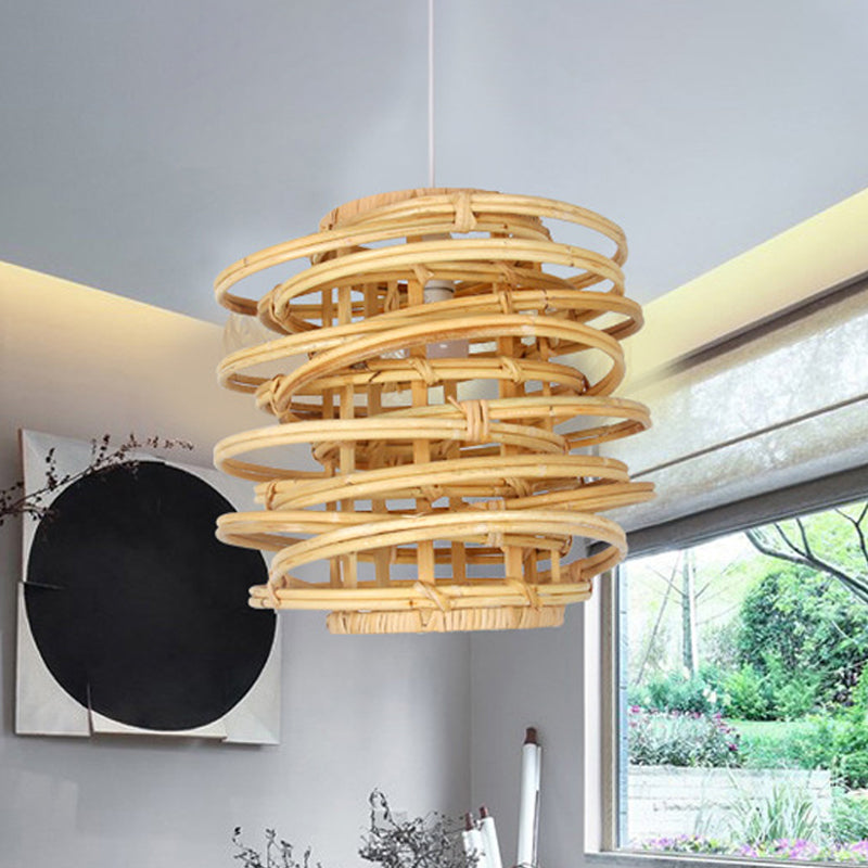 Wood Circle Hanging Lamp Retro 1 Head Bamboo Ceiling Pendant Light for Restaurant