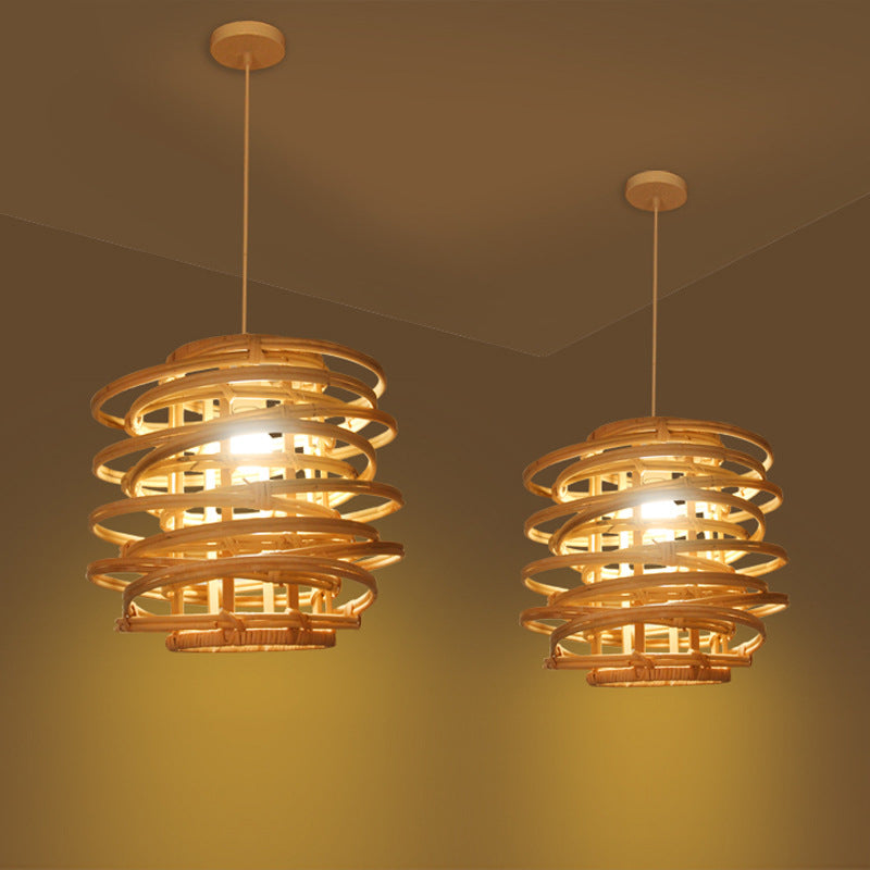 Wood Circle Hanging Lamp Retro 1 Head Bamboo Ceiling Pendant Light for Restaurant