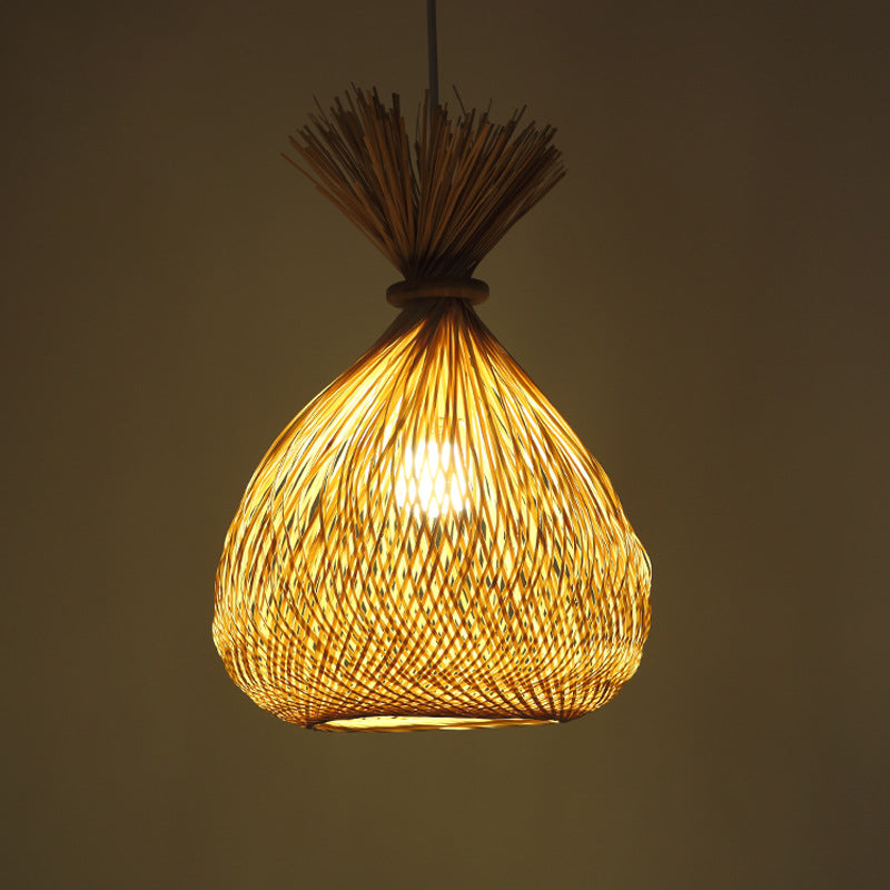 1 Bulb Restaurant Ceiling Light Asian Wood Pendant Light Fixture with Handwoven Bamboo Shade