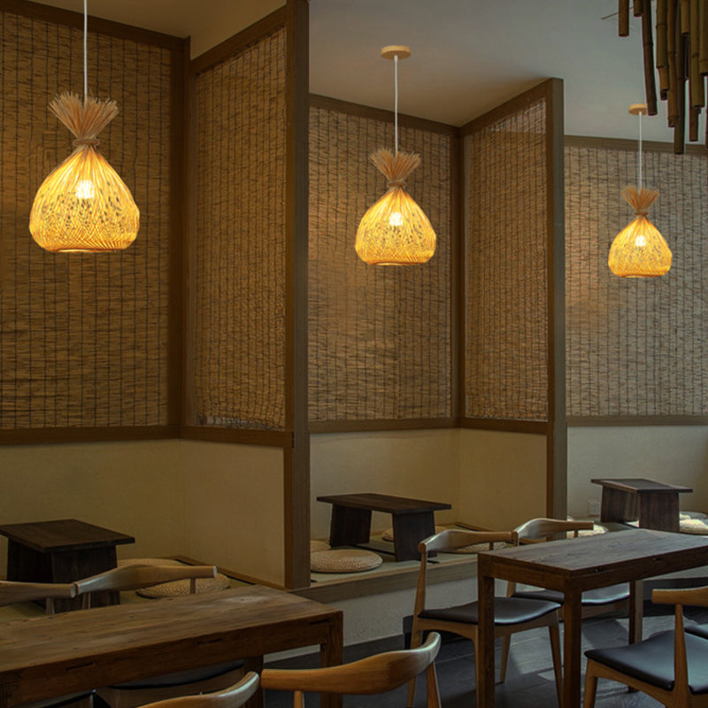 1 Bulb Restaurant Ceiling Light Asian Wood Pendant Light Fixture with Handwoven Bamboo Shade