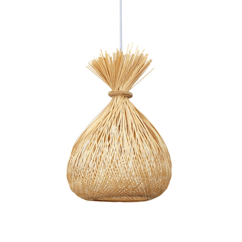 1 Bulb Restaurant Ceiling Light Asian Wood Pendant Light Fixture with Handwoven Bamboo Shade