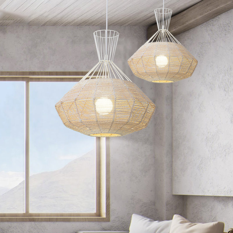 Diamond Suspension Lighting Traditional Rattan 1 Bulb 14"/18" Wide Wood Hanging Ceiling Light