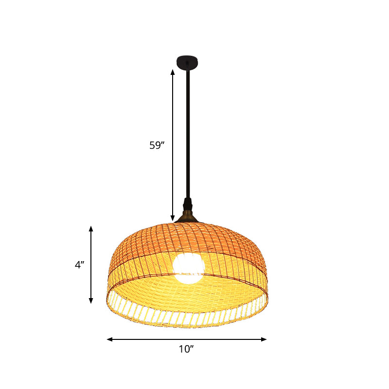 Wood Dome Suspension Pendant Contemporary Bamboo 1 Bulb Hanging Light Fixture