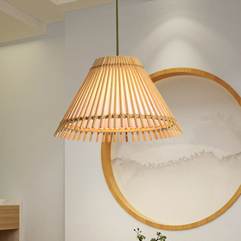 Bamboo Cone Ceiling Lamp Modern 1 Bulb Hanging Pendant Light in Wood for Living Room