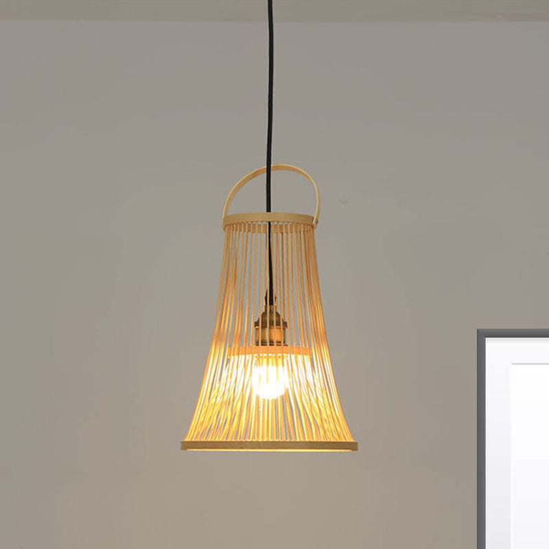 1 Bulb Wide Flare Pendant Lighting Modernist Bamboo Hanging Light Fixture in Wood