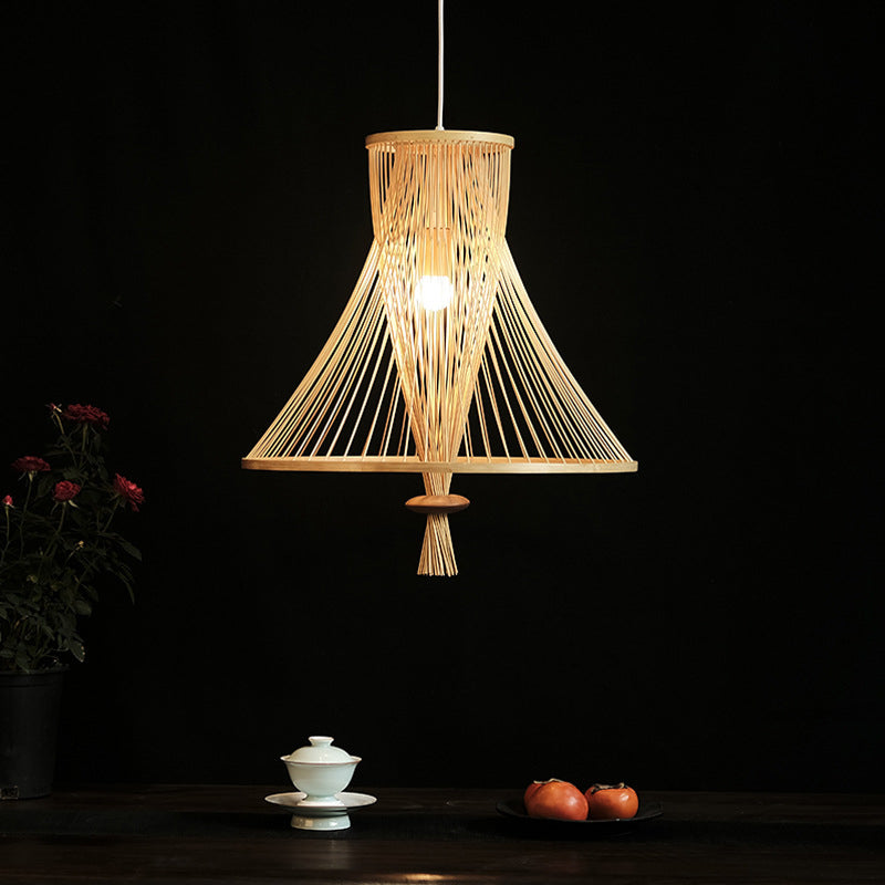 Cone Suspension Pendant Retro Bamboo 1 Bulb Wood Hanging Light Kit for Guesthouse