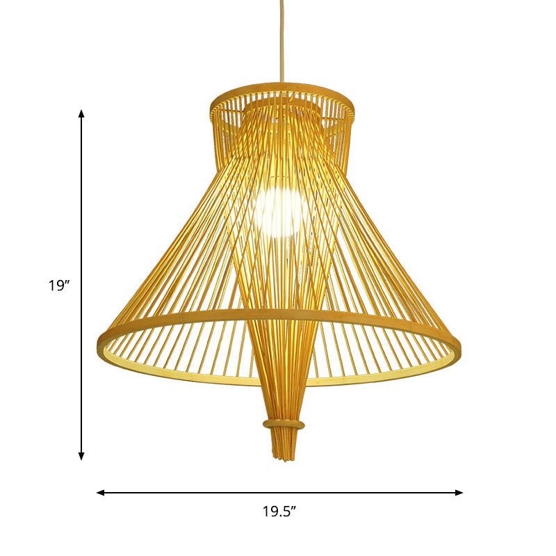 Cone Suspension Pendant Retro Bamboo 1 Bulb Wood Hanging Light Kit for Guesthouse