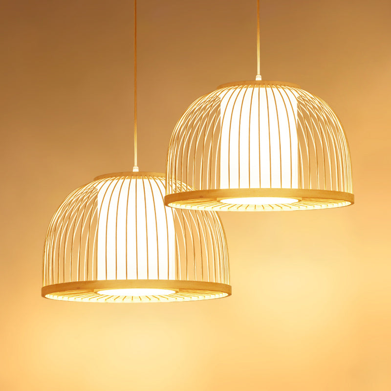 Dome Hanging Light Modernism Bamboo 1 Bulb 14"/16" Wide Wood Ceiling Pendant Lamp with Inner Fabric Shade