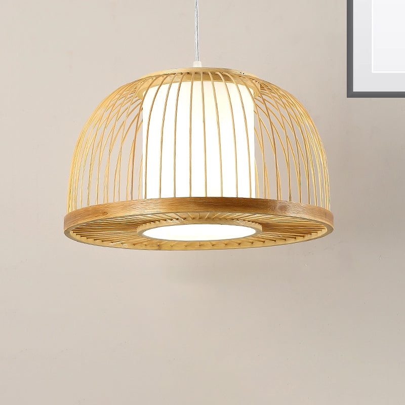 Dome Hanging Light Modernism Bamboo 1 Bulb 14"/16" Wide Wood Ceiling Pendant Lamp with Inner Fabric Shade