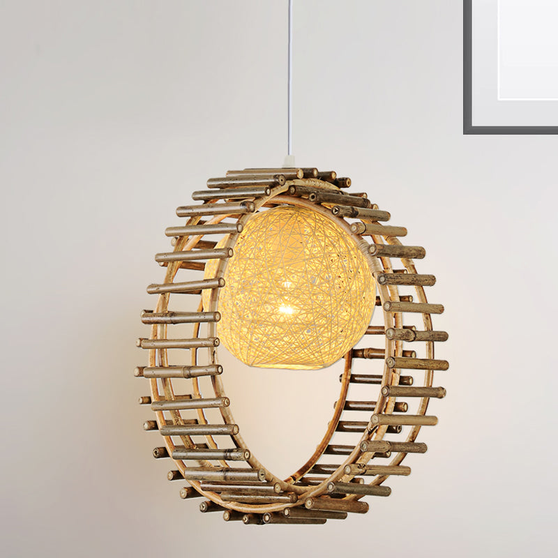 Bamboo Circular Suspension Pendant Contemporary 1 Head Beige Hanging Ceiling Light