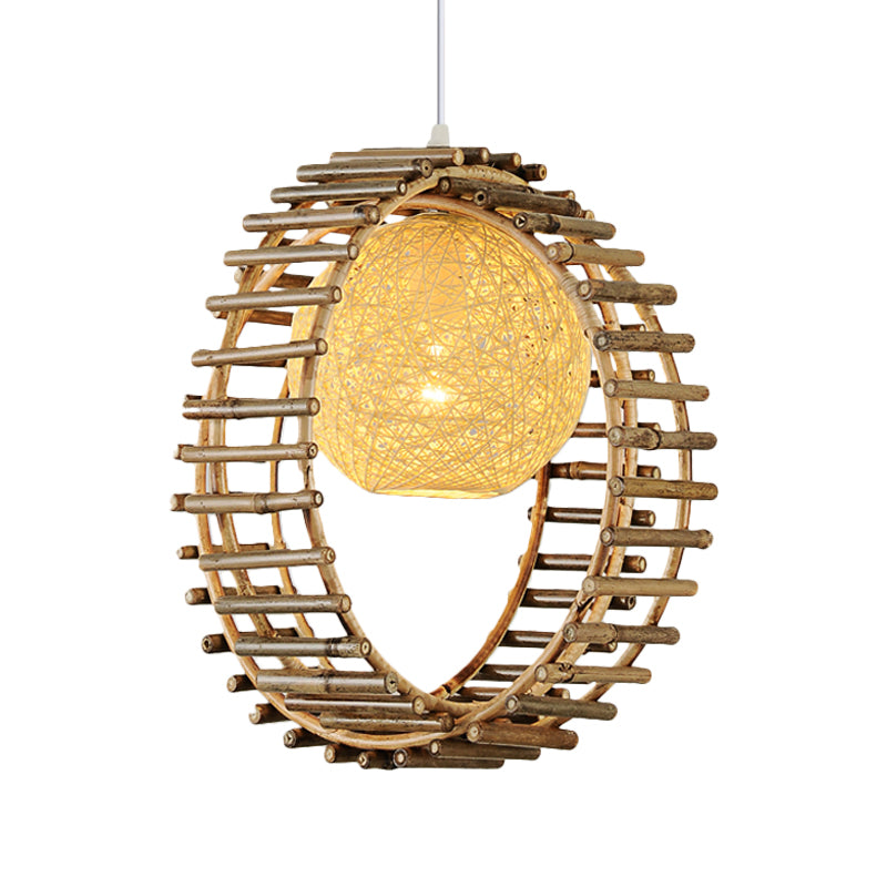 Bamboo Circular Suspension Pendant Contemporary 1 Head Beige Hanging Ceiling Light