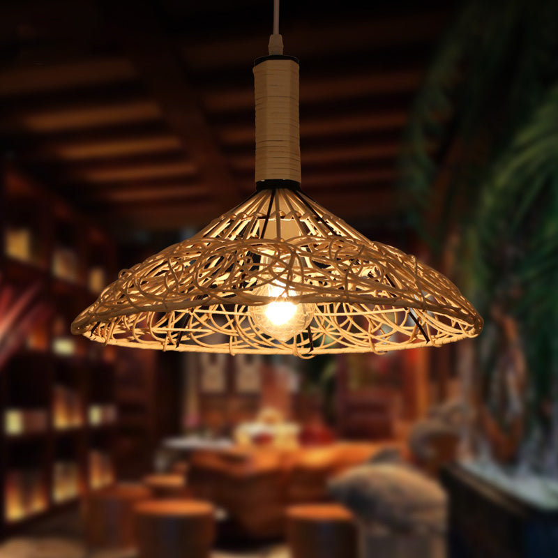 Cone Ceiling Light Asian Rattan 1 Bulb Wood Pendant Light Fixture for Living Room