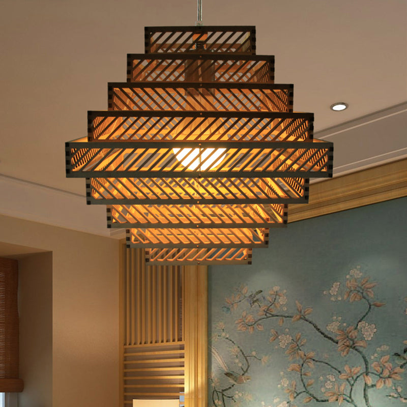 Wood Lantern Suspension Lighting Traditional 1 Bulb Hanging Ceiling Light in Yellow