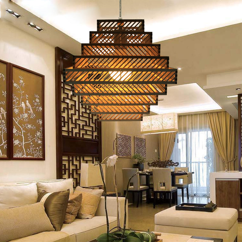 Wood Lantern Suspension Lighting Traditional 1 Bulb Hanging Ceiling Light in Yellow