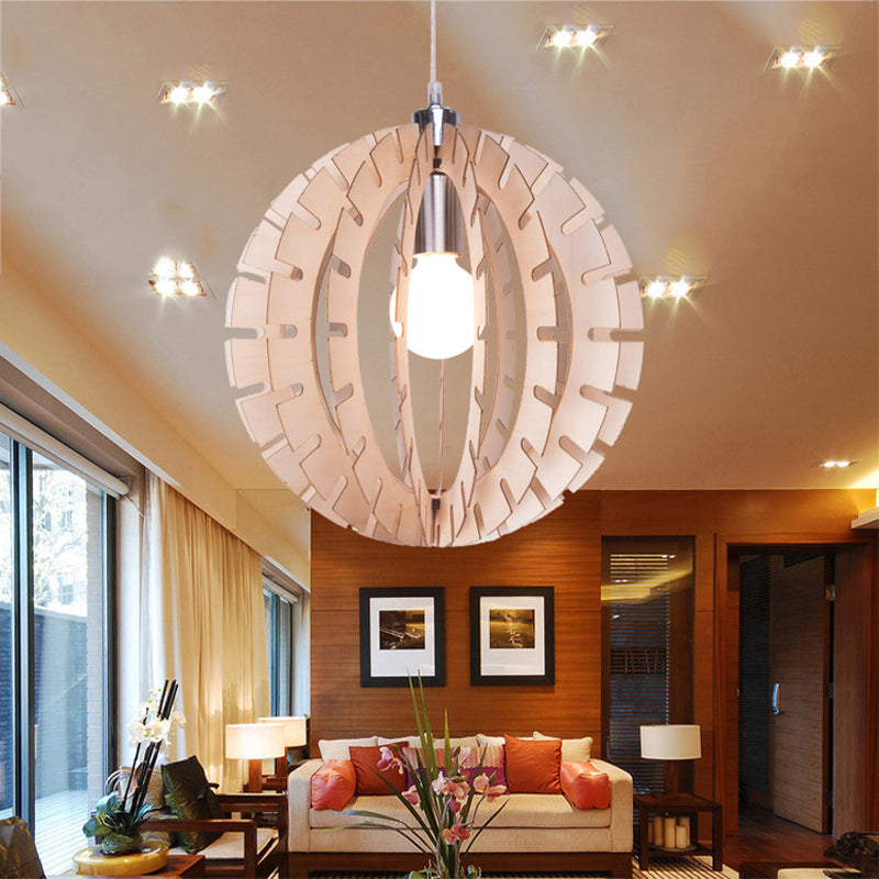 Globe Suspension Pendant Light Contemporary Wood 1 Bulb Beige Hanging Light Fixture