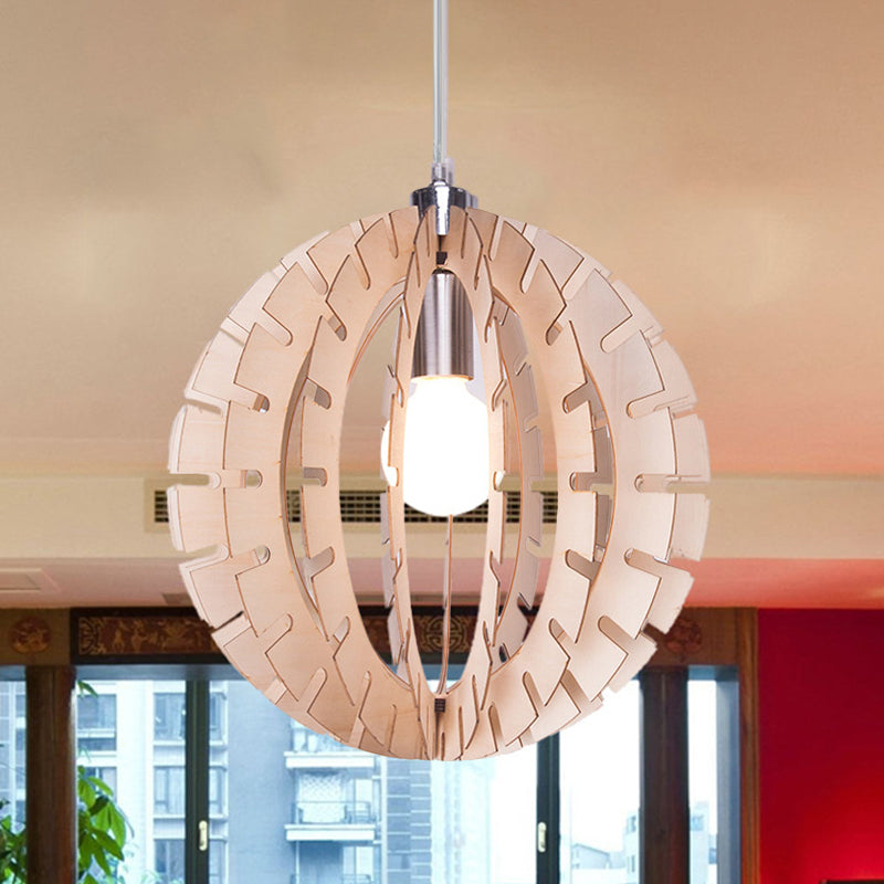 Globe Suspension Pendant Light Contemporary Wood 1 Bulb Beige Hanging Light Fixture