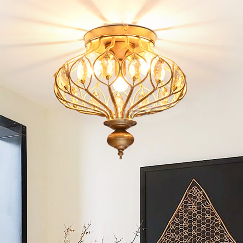 14"/21" Wide Metal Cage Flush Mount Lamp with Crystal Decoration Modern 3/6 Lights Ceiling Mounted Fixture in Brass