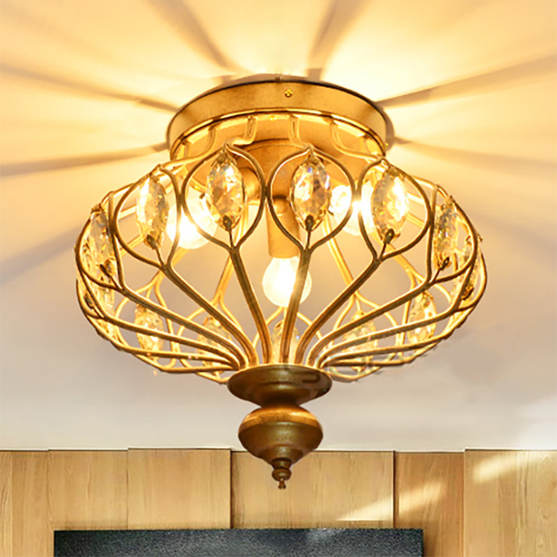 14"/21" Wide Metal Cage Flush Mount Lamp with Crystal Decoration Modern 3/6 Lights Ceiling Mounted Fixture in Brass