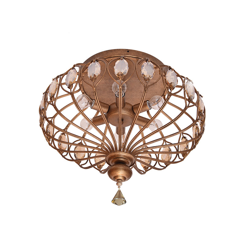 14"/21" Wide Metal Cage Flush Mount Lamp with Crystal Decoration Modern 3/6 Lights Ceiling Mounted Fixture in Brass