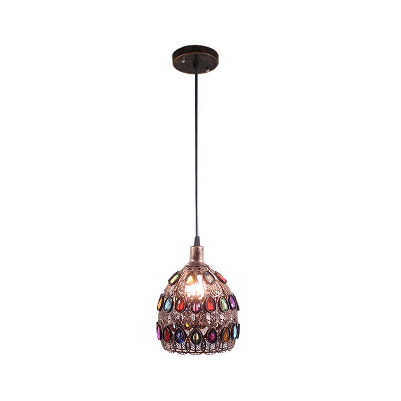 1/3-Light Dome Pendant Ceiling Fixture with Crystal Gem Bohemia Hanging Light in Weathered Copper with Round/Linear Canopy