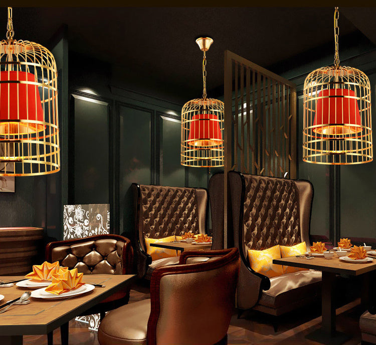 Gold Cage Shade Pendant Lighting New Chinese Style Retro 1 Light Restaurant Hanging Lamp