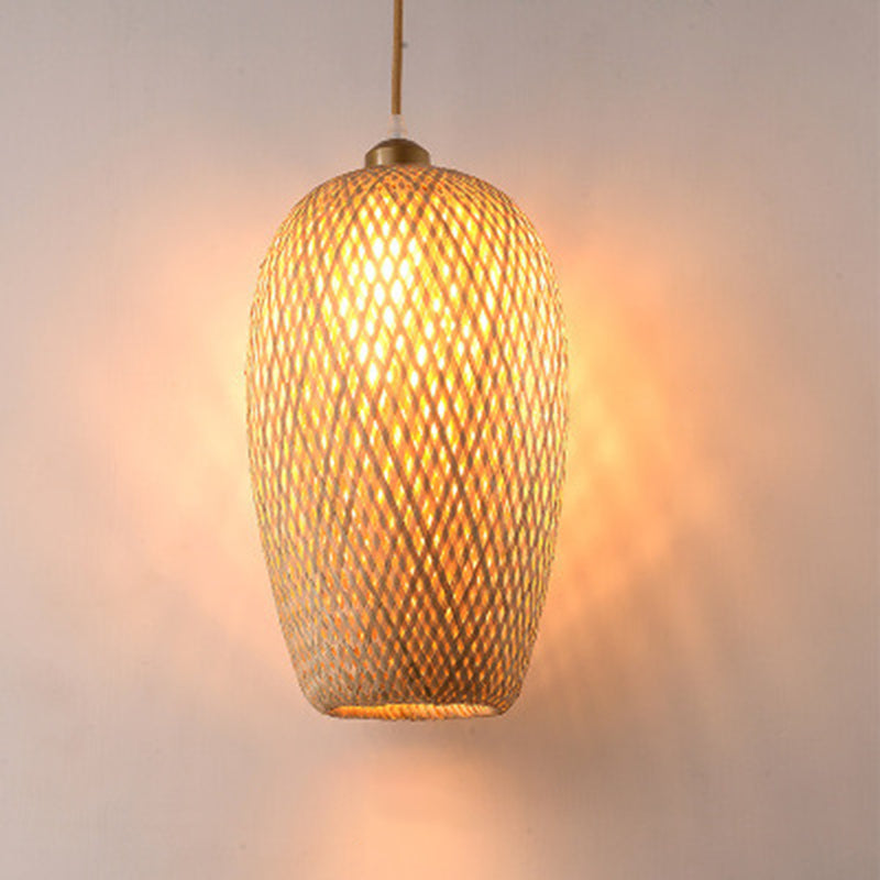 Beige Hand-Worked Pendant Chinese Style 1 Bulb Bamboo Hanging Light for Dining Table