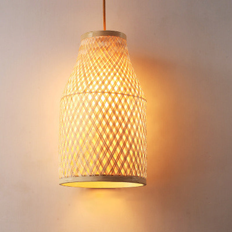 Beige Hand-Worked Pendant Chinese Style 1 Bulb Bamboo Hanging Light for Dining Table