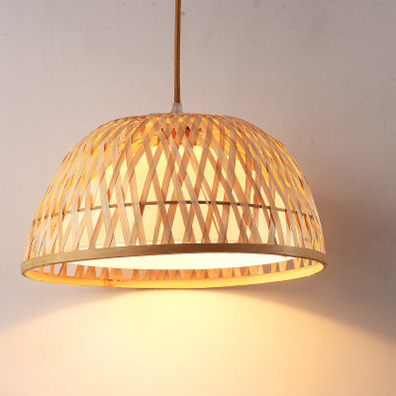 Beige Hand-Worked Pendant Chinese Style 1 Bulb Bamboo Hanging Light for Dining Table